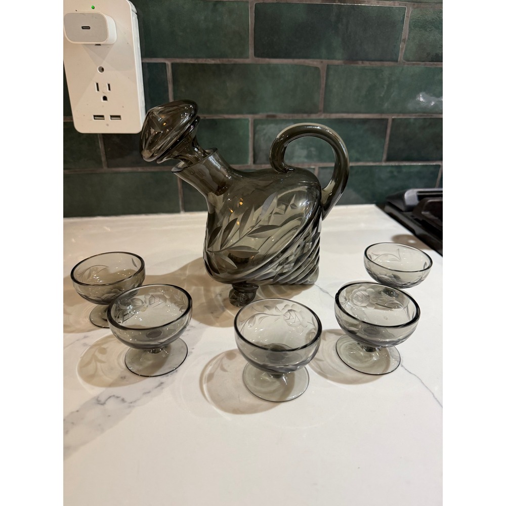 Vintage Smoky Gray Etched Glass Decanter Set with 5 Cordial Glasses Floral